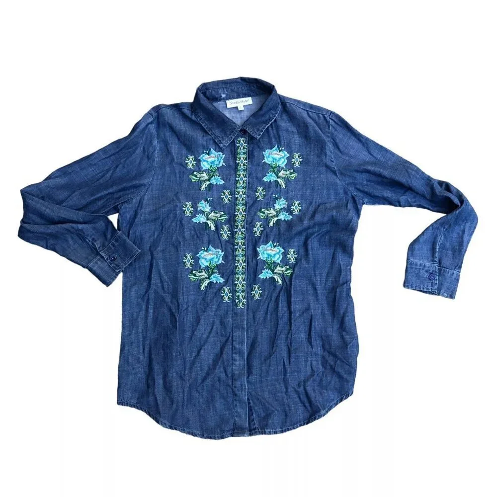Vintage NORTH STYLE Denim Shirt Women's SMALL Embroidered Floral Button Up Top‌‌